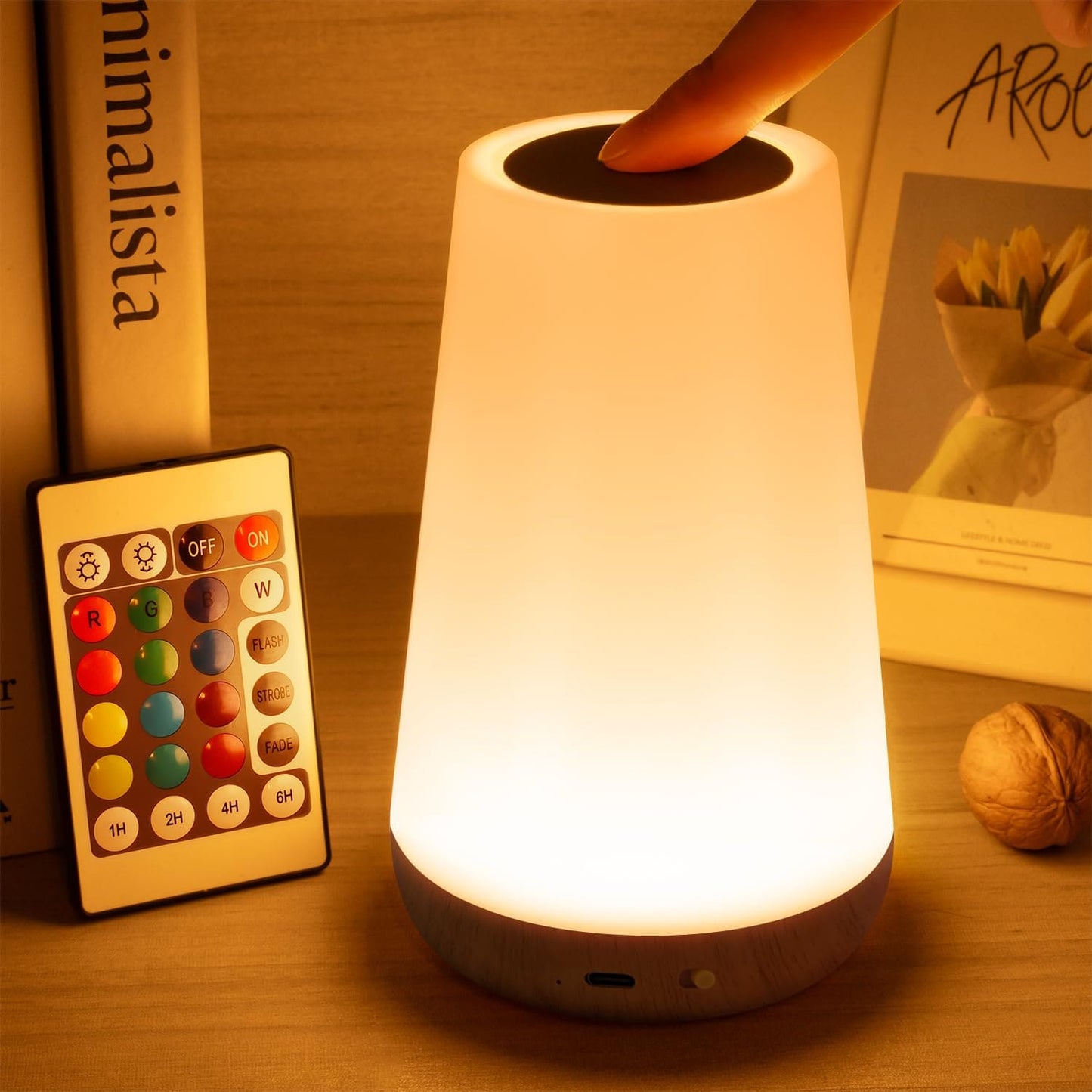 Lámpara de Mesilla Recargable – Luz Nocturna LED con 13 Colores, Control Táctil y Mando a Distancia