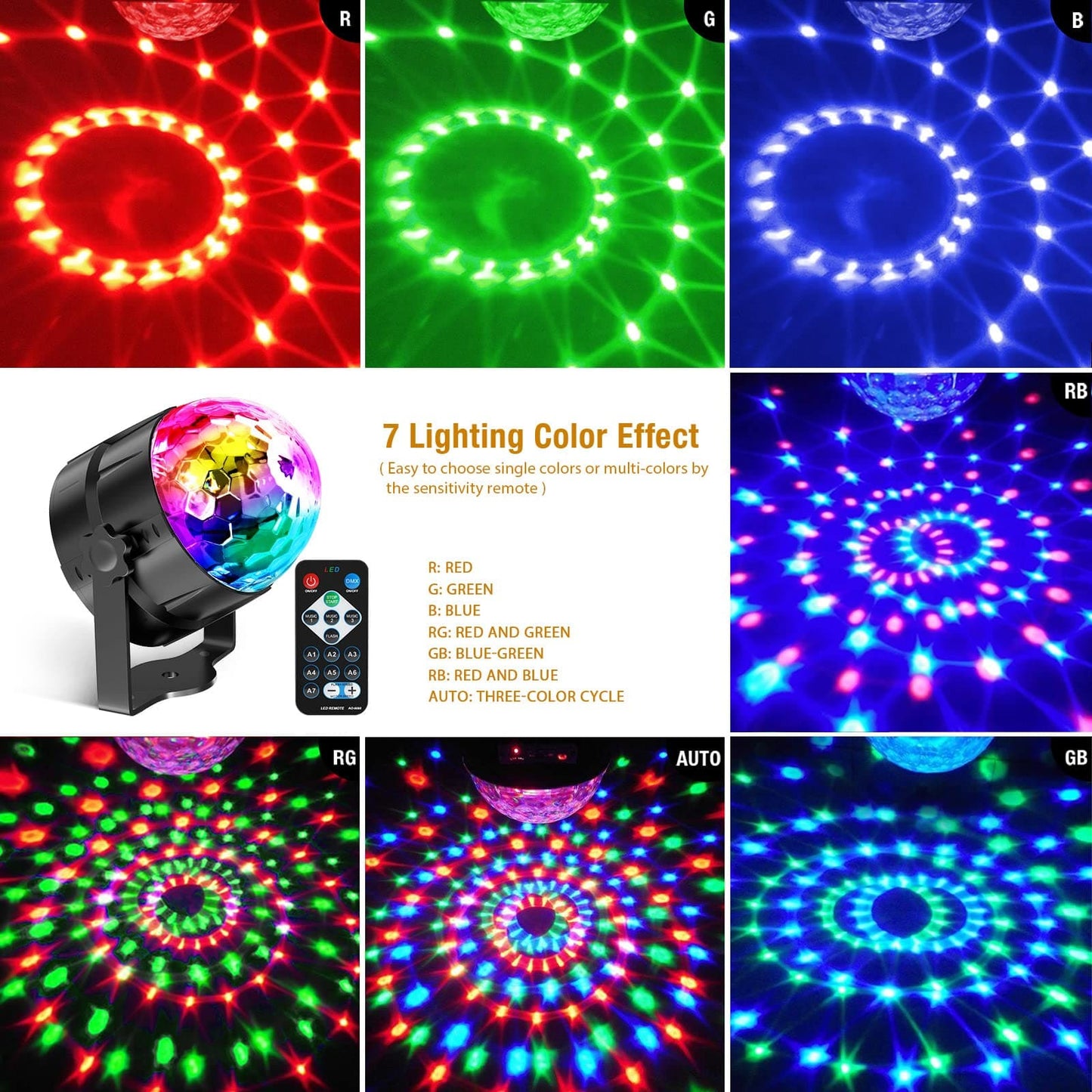 LED Disco Ball Lights – 7 Colores RGB con Control Remoto