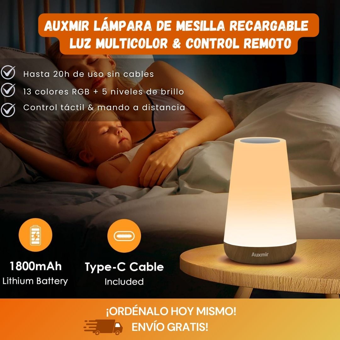 Lámpara de Mesilla Recargable – Luz Nocturna LED con 13 Colores, Control Táctil y Mando a Distancia