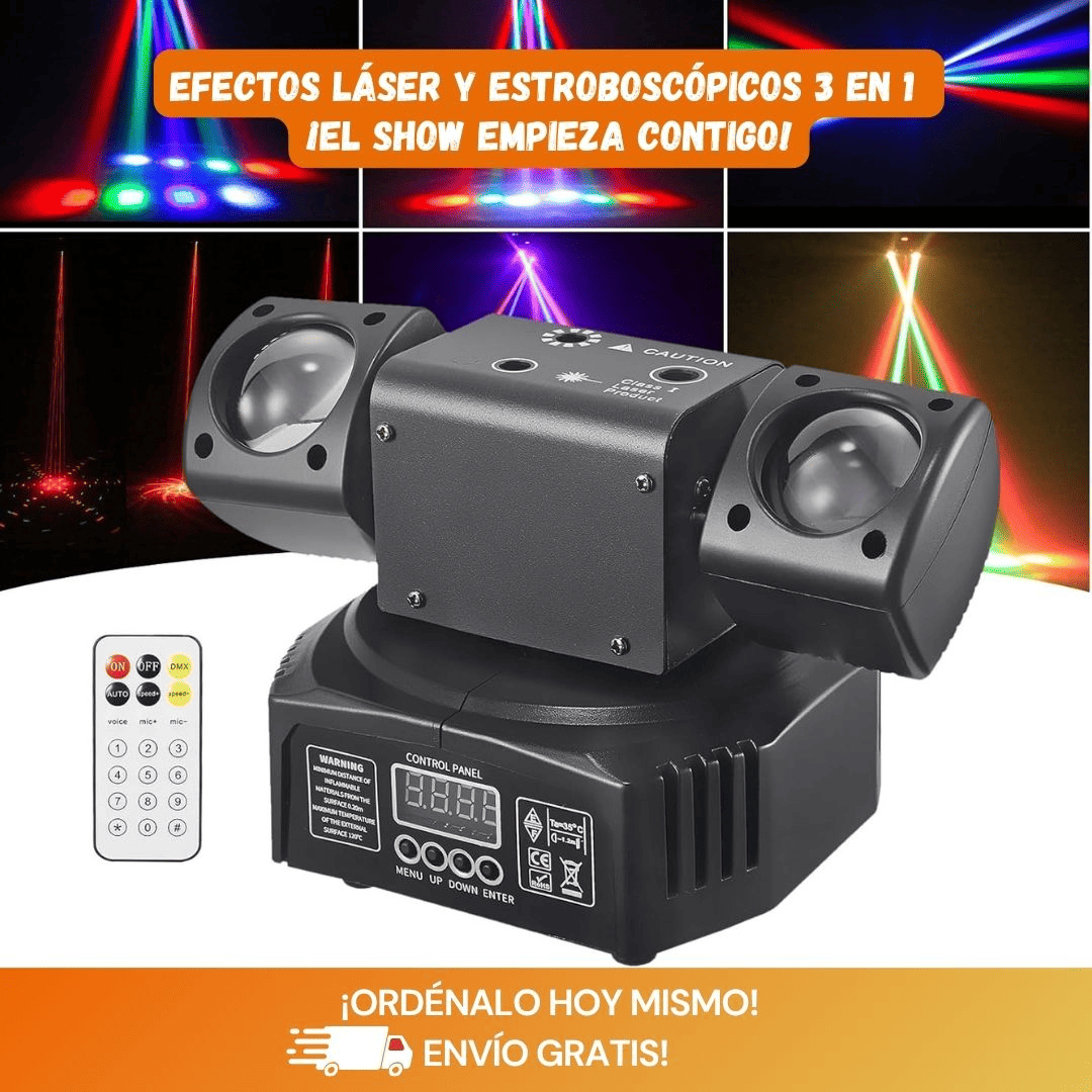 Luz Profesional 3 en 1 — Láser, Estrobo y Movimiento Giratorio