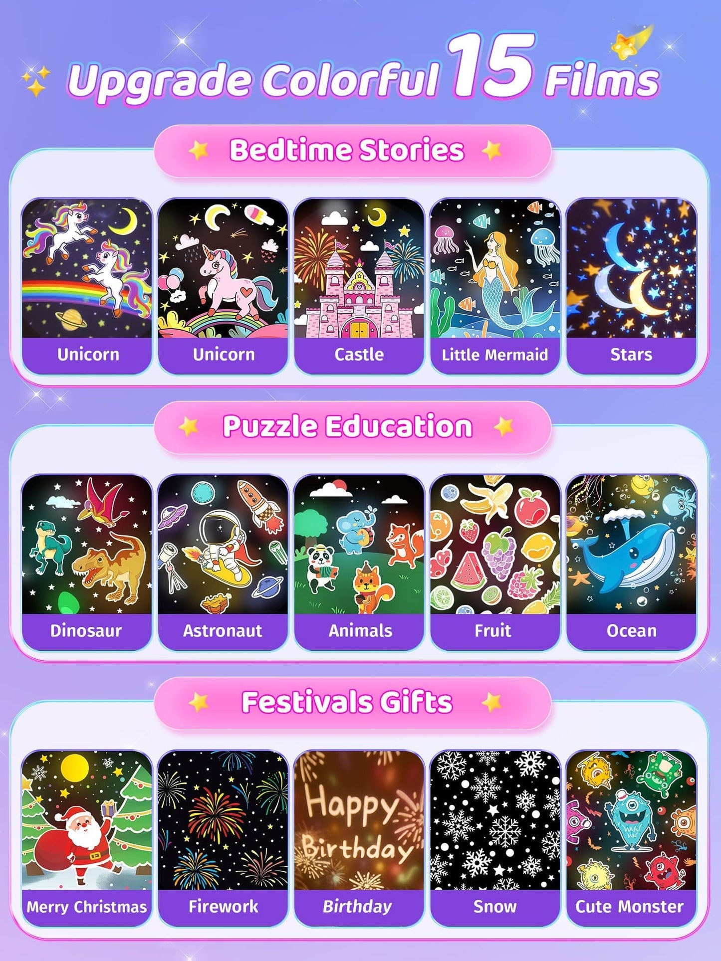 Luz Nocturna LED 3-en-1 Estrellas, Música y Magia