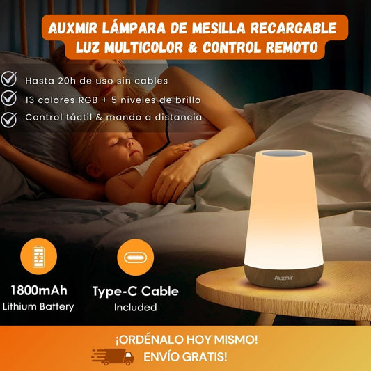 Lámpara de Mesilla Recargable – Luz Nocturna LED con 13 Colores, Control Táctil y Mando a Distancia